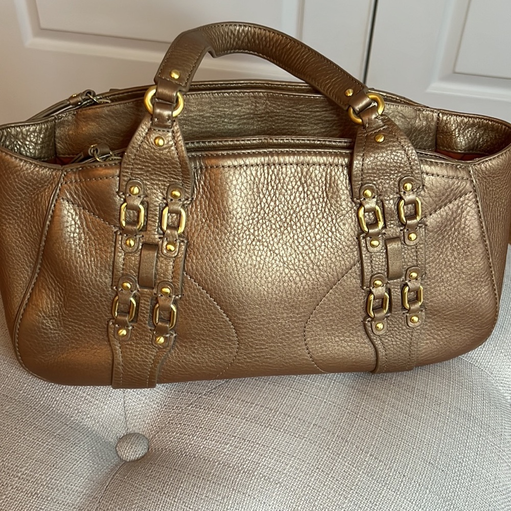 Cole Haan metallic bronze leather handbag with double zip compartments